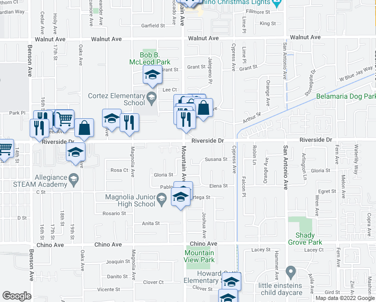 map of restaurants, bars, coffee shops, grocery stores, and more near 12941 Bermuda Avenue in Chino