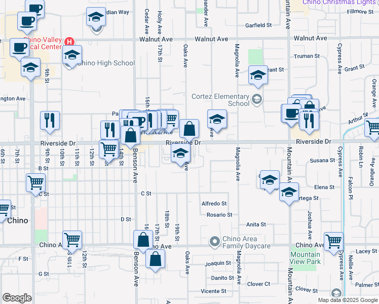 map of restaurants, bars, coffee shops, grocery stores, and more near 12936 Oaks Avenue in Chino