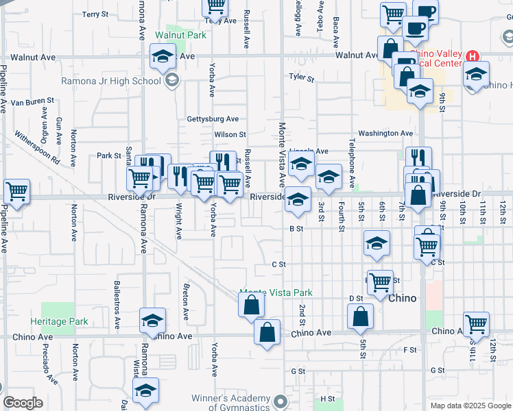 map of restaurants, bars, coffee shops, grocery stores, and more near 12929 Saddleback Place in Chino