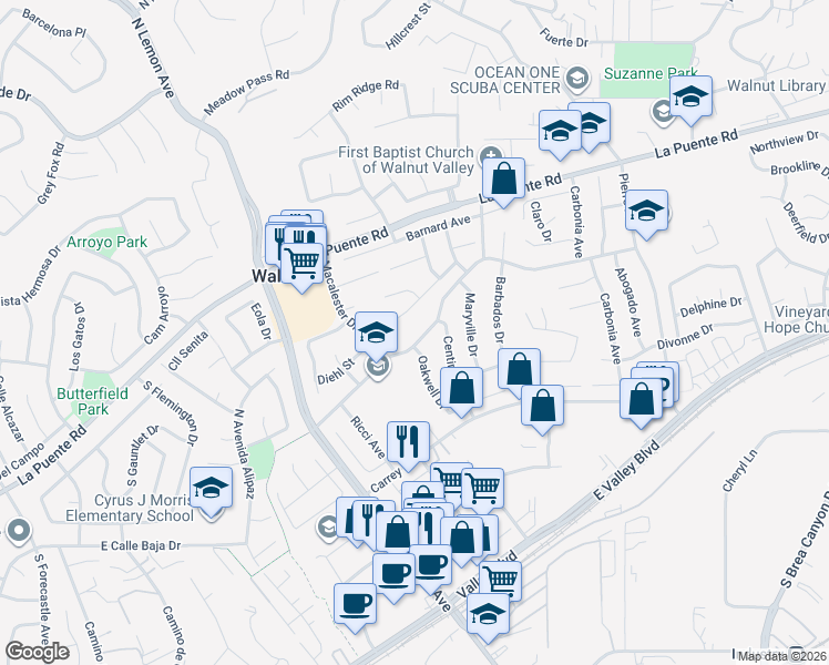 map of restaurants, bars, coffee shops, grocery stores, and more near 20318 East Vejar Road in Walnut