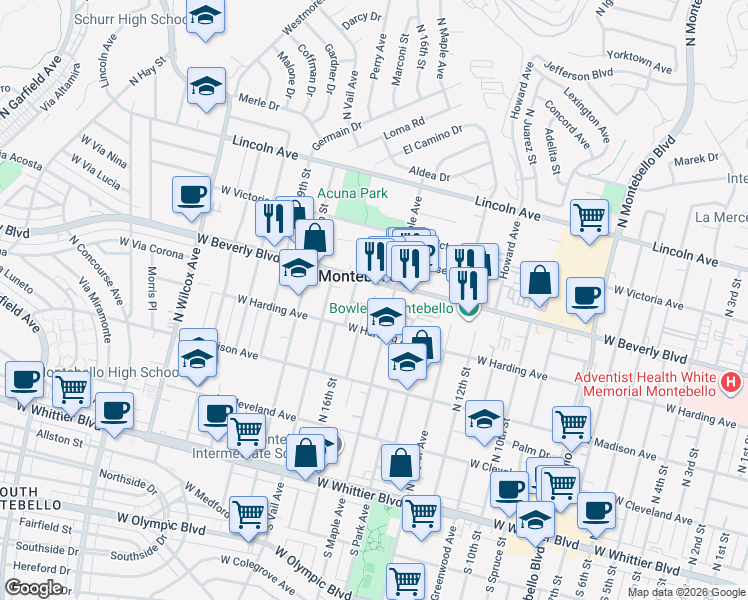 map of restaurants, bars, coffee shops, grocery stores, and more near 424 North 16th Street in Montebello