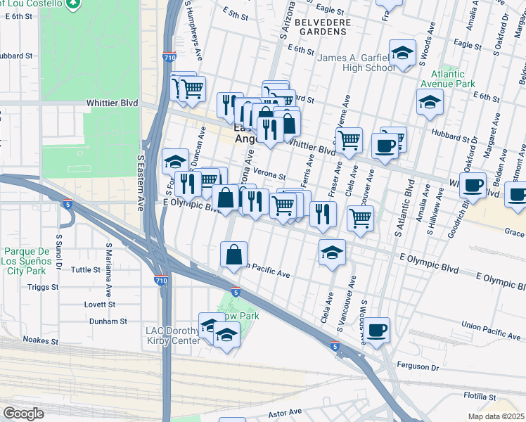 map of restaurants, bars, coffee shops, grocery stores, and more near in East Los Angeles