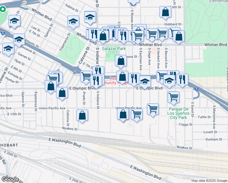 map of restaurants, bars, coffee shops, grocery stores, and more near 1215 South Ditman Avenue in Los Angeles