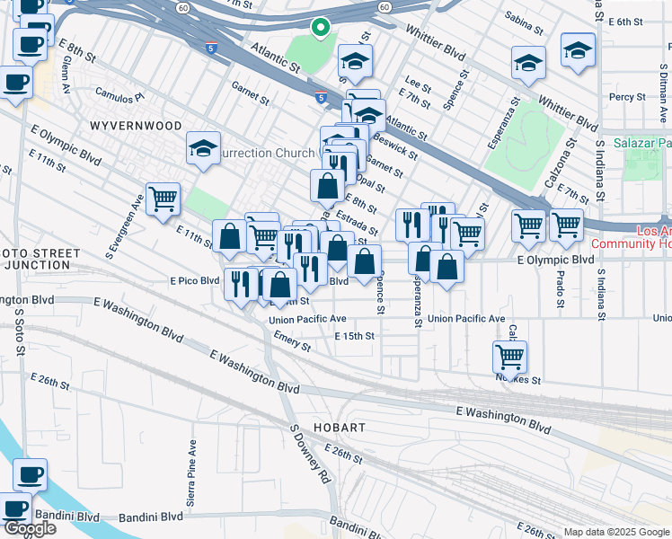 map of restaurants, bars, coffee shops, grocery stores, and more near 3412 East Olympic Boulevard in Los Angeles