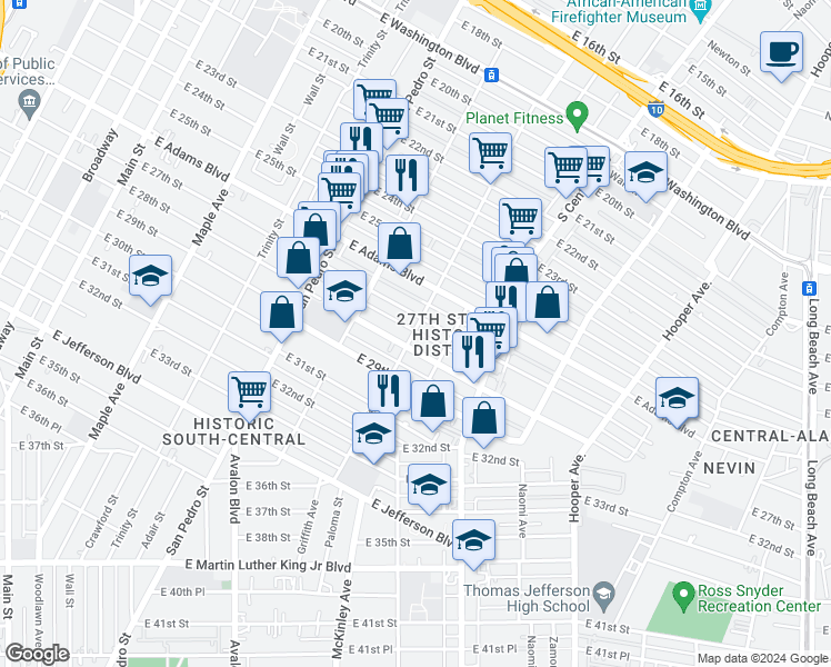 map of restaurants, bars, coffee shops, grocery stores, and more near 859 East 28th Street in Los Angeles