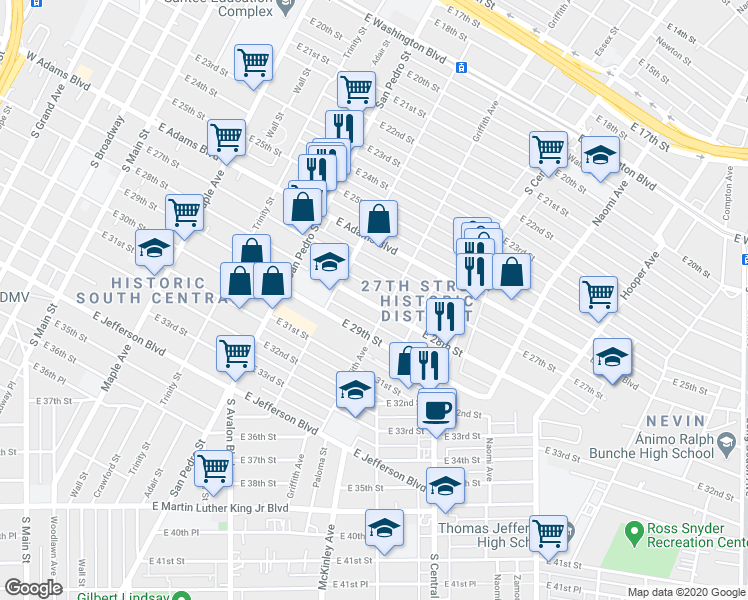 map of restaurants, bars, coffee shops, grocery stores, and more near 859 East 28th Street in Los Angeles