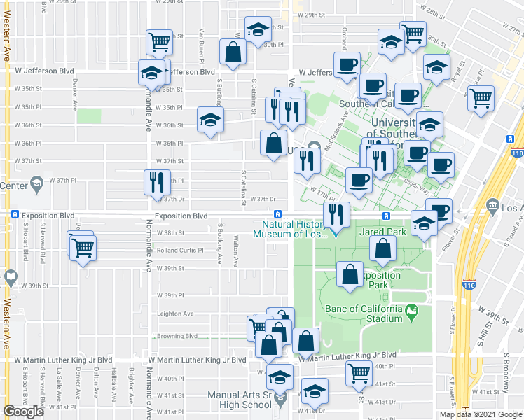 map of restaurants, bars, coffee shops, grocery stores, and more near 1043 West Exposition Boulevard in Los Angeles