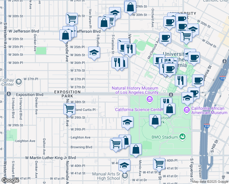 map of restaurants, bars, coffee shops, grocery stores, and more near 1043 West Exposition Boulevard in Los Angeles