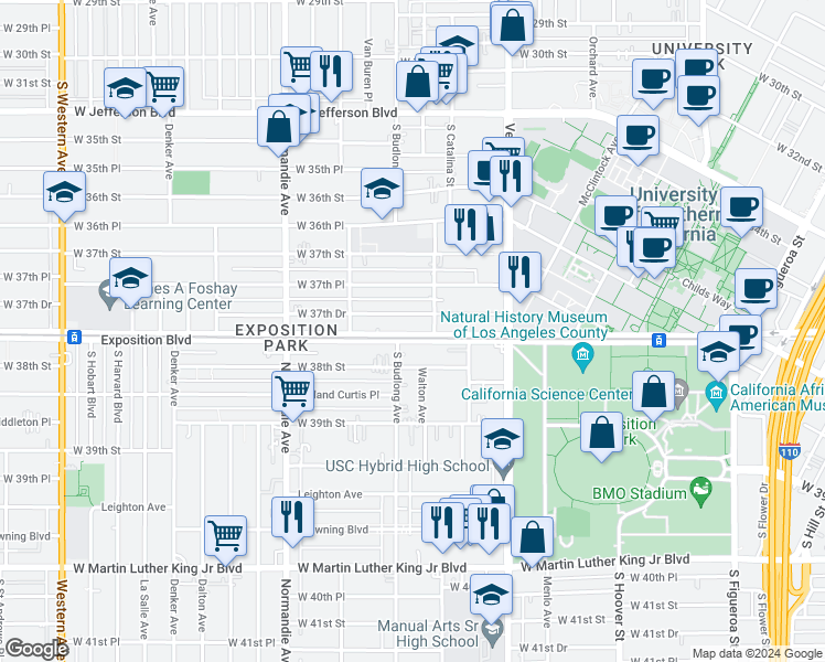 map of restaurants, bars, coffee shops, grocery stores, and more near 1141 Exposition Boulevard in Los Angeles