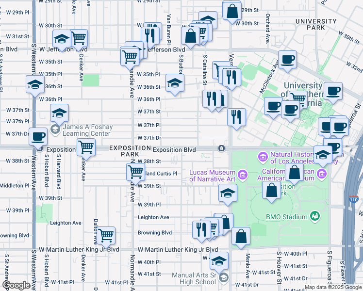 map of restaurants, bars, coffee shops, grocery stores, and more near 1141 Exposition Boulevard in Los Angeles