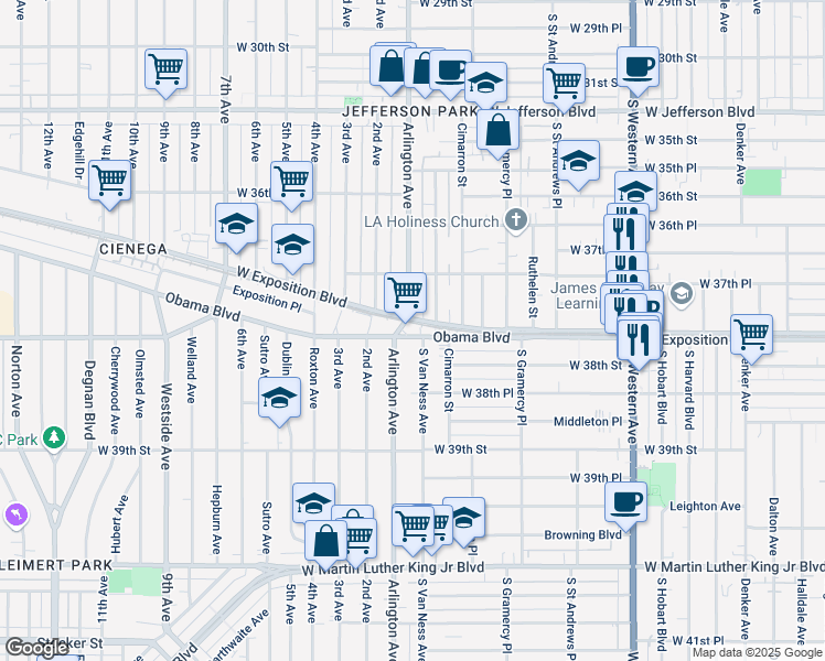 map of restaurants, bars, coffee shops, grocery stores, and more near 1927 Obama Boulevard in Los Angeles