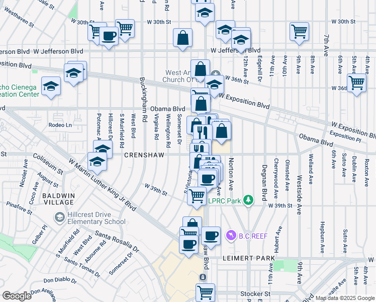 map of restaurants, bars, coffee shops, grocery stores, and more near 3747 South Victoria Avenue in Los Angeles