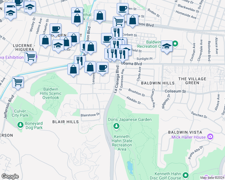 map of restaurants, bars, coffee shops, grocery stores, and more near 3763 South Genesee Avenue in Los Angeles