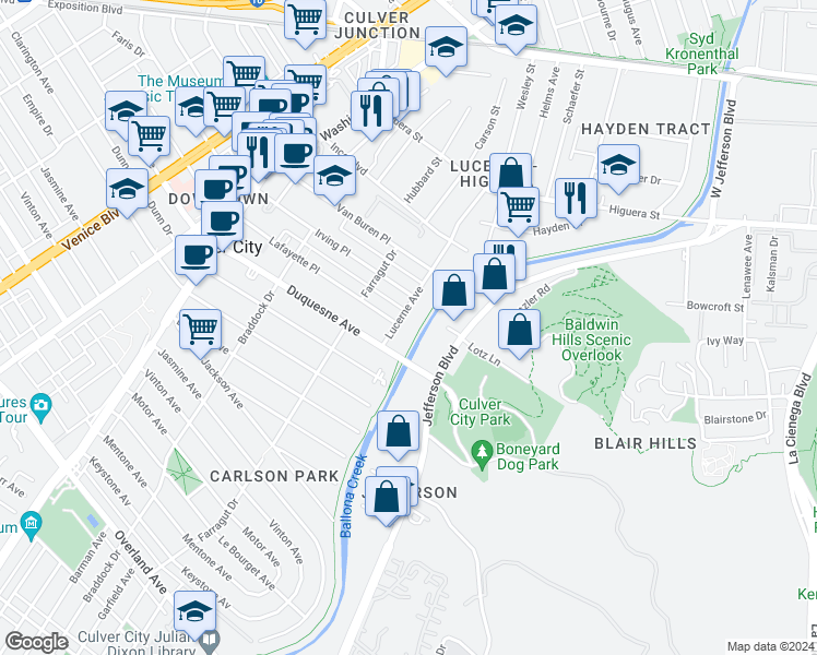 map of restaurants, bars, coffee shops, grocery stores, and more near 9632 Lucerne Avenue in Los Angeles