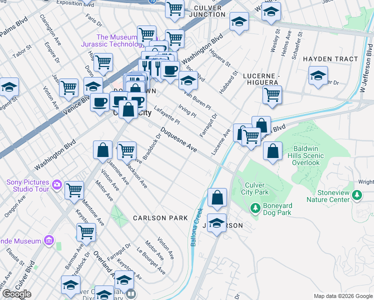 map of restaurants, bars, coffee shops, grocery stores, and more near 4185 Duquesne Avenue in Culver City