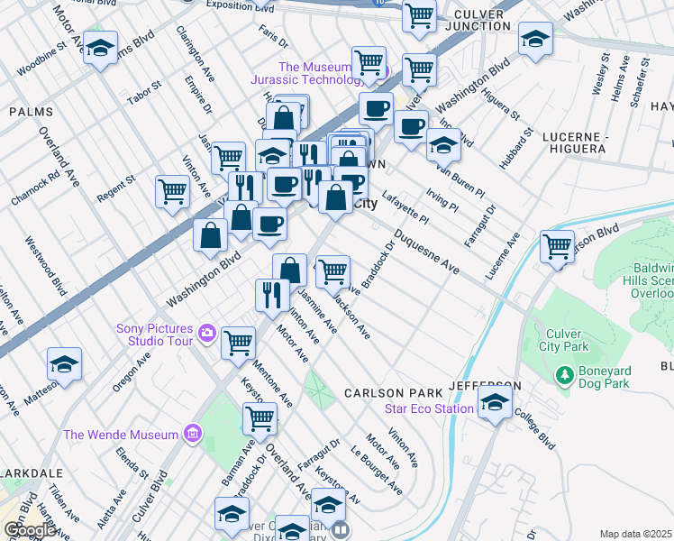 map of restaurants, bars, coffee shops, grocery stores, and more near 4055 Madison Avenue in Culver City