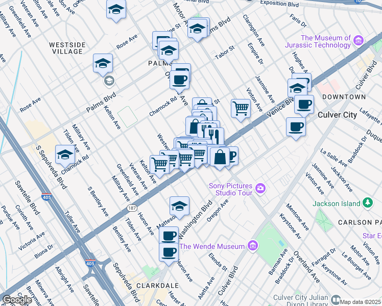 map of restaurants, bars, coffee shops, grocery stores, and more near 3780 Selby Avenue in Los Angeles
