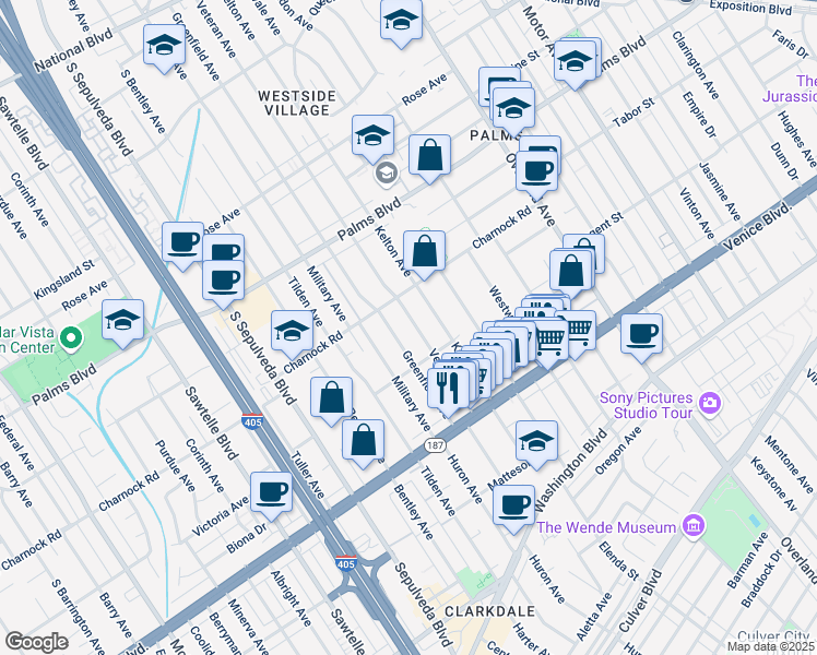 map of restaurants, bars, coffee shops, grocery stores, and more near 3648 Veteran Avenue in Los Angeles