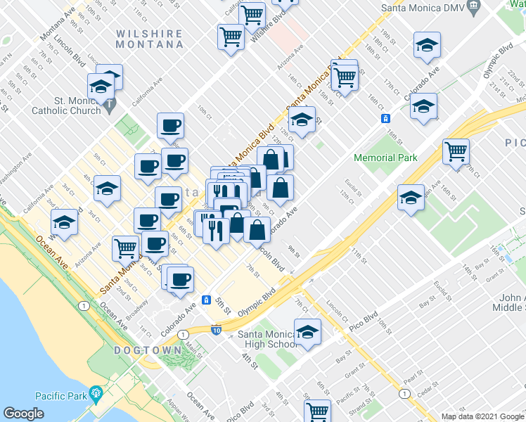 map of restaurants, bars, coffee shops, grocery stores, and more near 1519 9th Street in Santa Monica