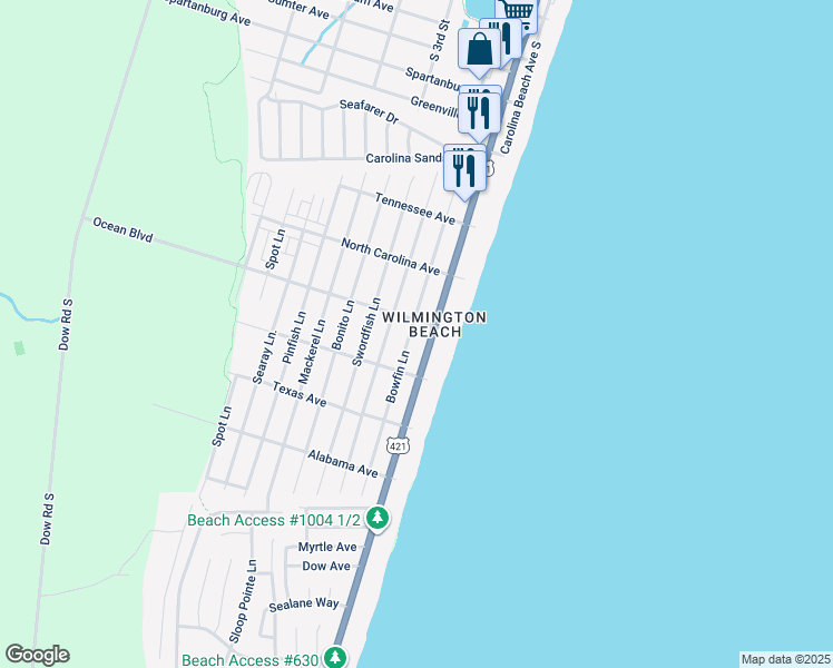 map of restaurants, bars, coffee shops, grocery stores, and more near 1405 Bowfin Lane in Carolina Beach