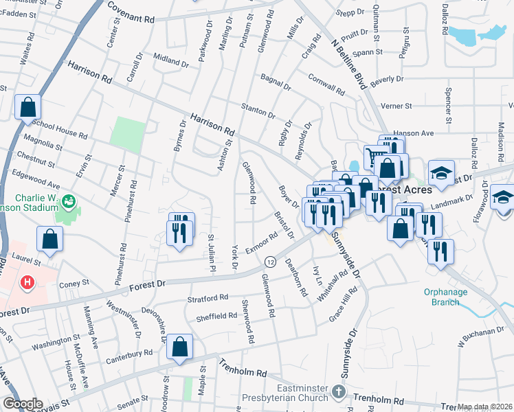 map of restaurants, bars, coffee shops, grocery stores, and more near 1817 Bristol Drive in Columbia