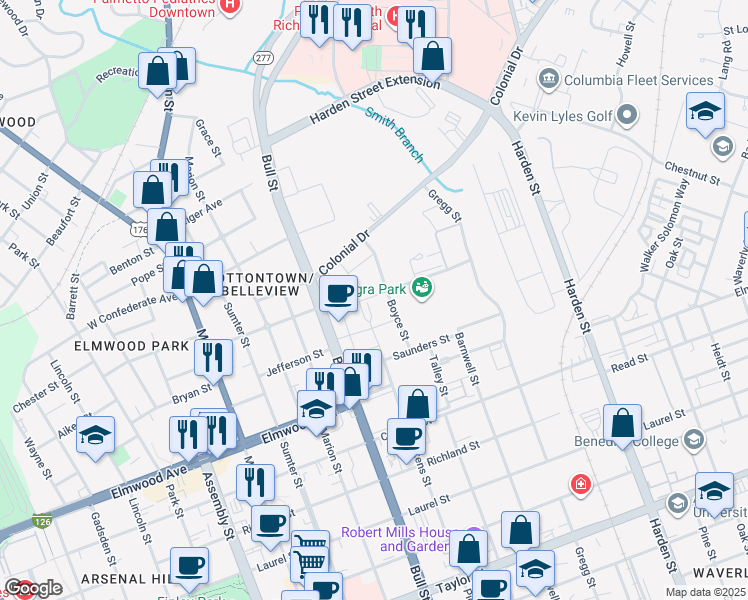map of restaurants, bars, coffee shops, grocery stores, and more near in Columbia