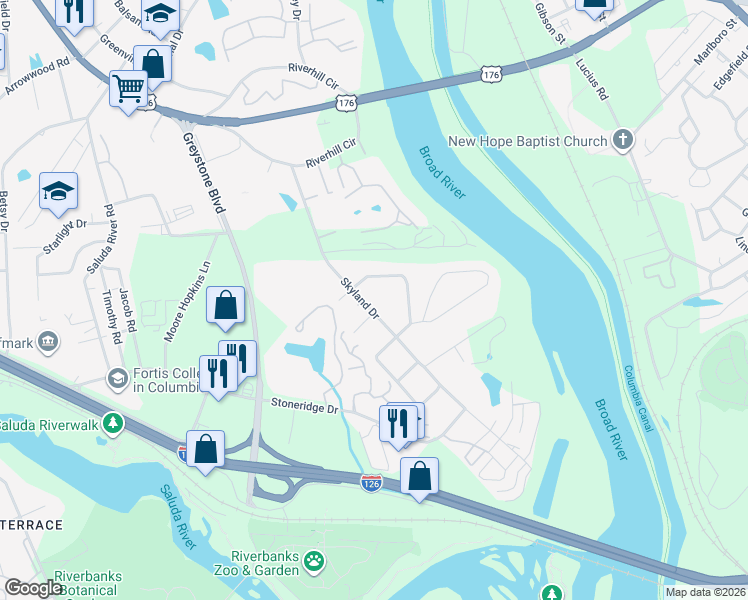 map of restaurants, bars, coffee shops, grocery stores, and more near 700 Skyland Drive in Columbia