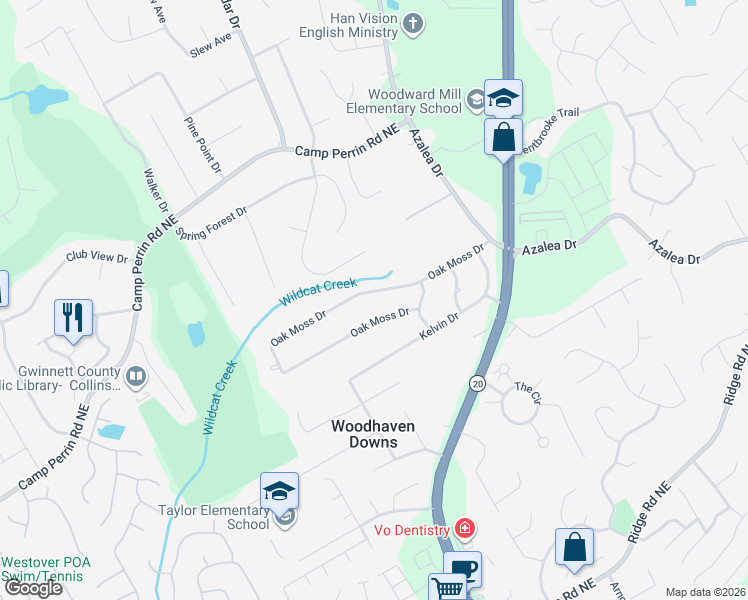 map of restaurants, bars, coffee shops, grocery stores, and more near 999 Oak Moss Drive in Lawrenceville