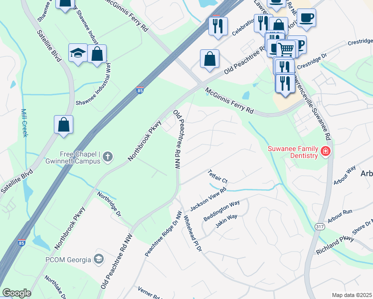 map of restaurants, bars, coffee shops, grocery stores, and more near 2887 Manor Glen Lane Northwest in Suwanee