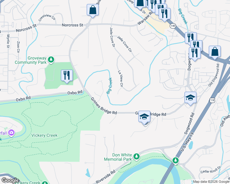 map of restaurants, bars, coffee shops, grocery stores, and more near 500 La View Court in Roswell