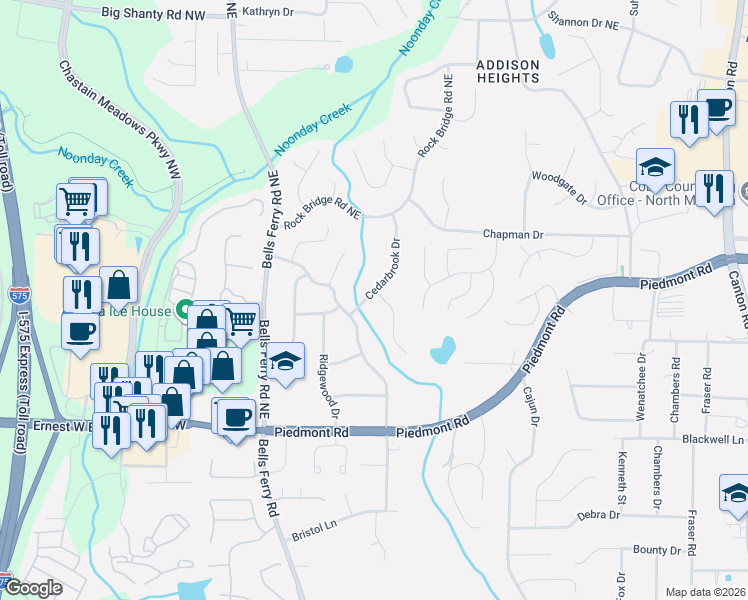 map of restaurants, bars, coffee shops, grocery stores, and more near 2688 Lee Ann Drive in Marietta