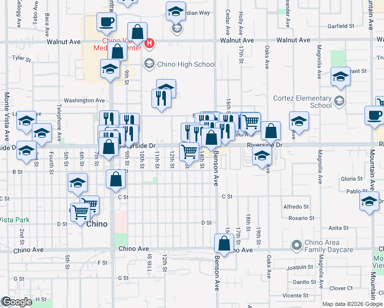 map of restaurants, bars, coffee shops, grocery stores, and more near 12931 13th Street in Chino
