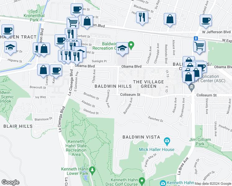 map of restaurants, bars, coffee shops, grocery stores, and more near 5501 Coliseum Street in Los Angeles