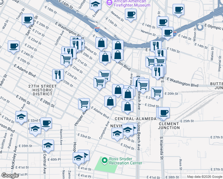 map of restaurants, bars, coffee shops, grocery stores, and more near 1537 East 22nd Street in Los Angeles