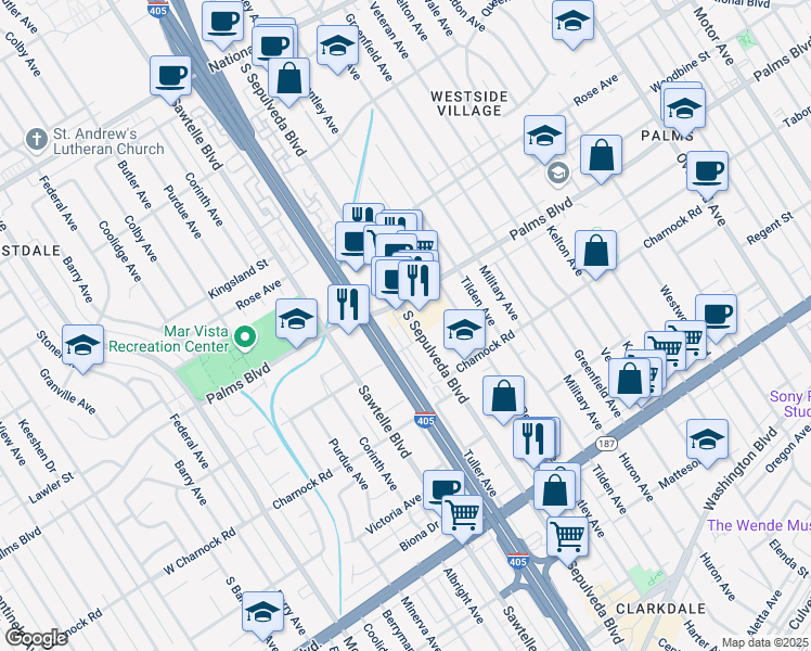 map of restaurants, bars, coffee shops, grocery stores, and more near 3517 South Sepulveda Boulevard in Los Angeles