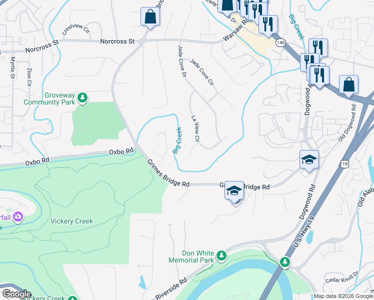 map of restaurants, bars, coffee shops, grocery stores, and more near 500 La View Court in Roswell