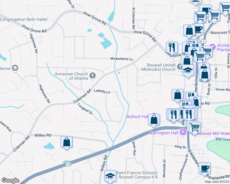 map of restaurants, bars, coffee shops, grocery stores, and more near 9760 Loblolly Lane in Roswell