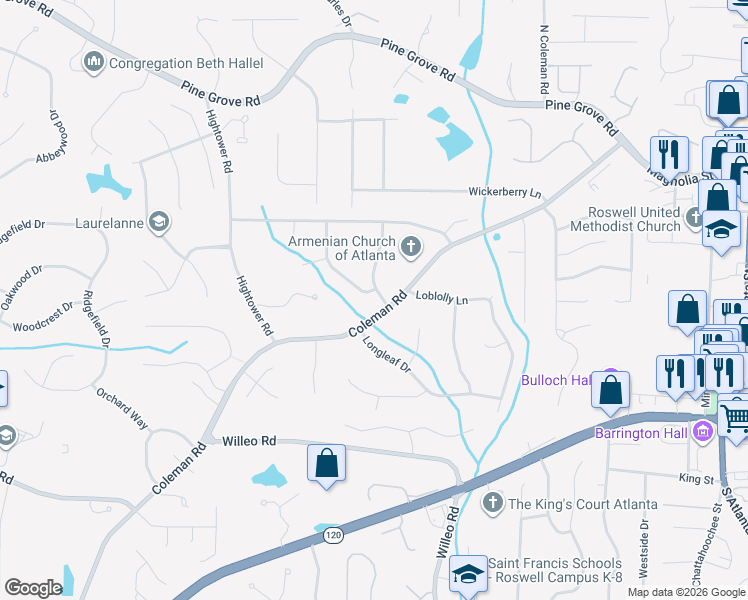 map of restaurants, bars, coffee shops, grocery stores, and more near 330 Farm Path in Roswell