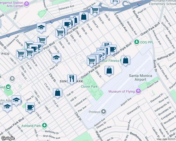 map of restaurants, bars, coffee shops, grocery stores, and more near 2701 Ocean Park Boulevard in Santa Monica