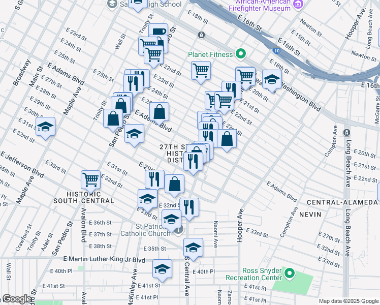 map of restaurants, bars, coffee shops, grocery stores, and more near 1007 East 27th Street in Los Angeles