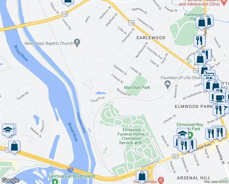map of restaurants, bars, coffee shops, grocery stores, and more near 412 Canal Place Drive in Columbia