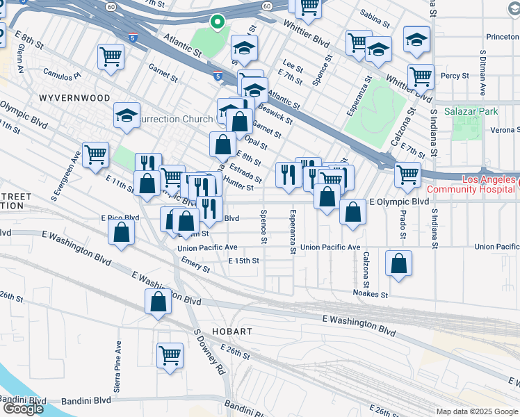 map of restaurants, bars, coffee shops, grocery stores, and more near 3458 East Olympic Boulevard in Los Angeles