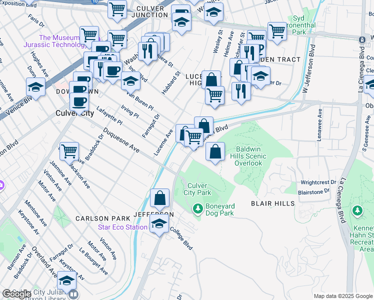 map of restaurants, bars, coffee shops, grocery stores, and more near 9465 Jefferson Boulevard in Culver City