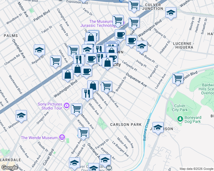 map of restaurants, bars, coffee shops, grocery stores, and more near 4036 La Salle Avenue in Culver City