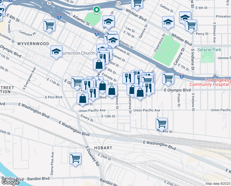map of restaurants, bars, coffee shops, grocery stores, and more near 3460 East Olympic Boulevard in Los Angeles