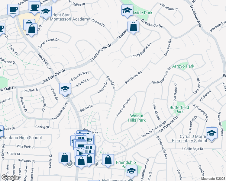 map of restaurants, bars, coffee shops, grocery stores, and more near 449 Beverly Drive in Walnut