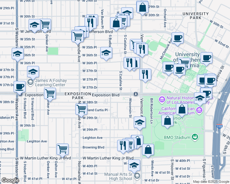 map of restaurants, bars, coffee shops, grocery stores, and more near 1141 Exposition Boulevard in Los Angeles