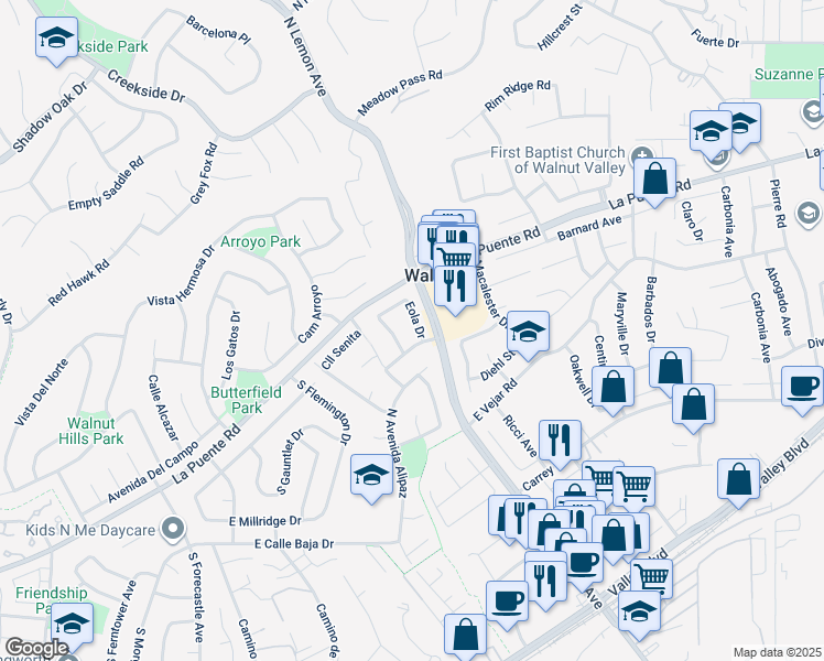 map of restaurants, bars, coffee shops, grocery stores, and more near 315 Eola Drive in Walnut