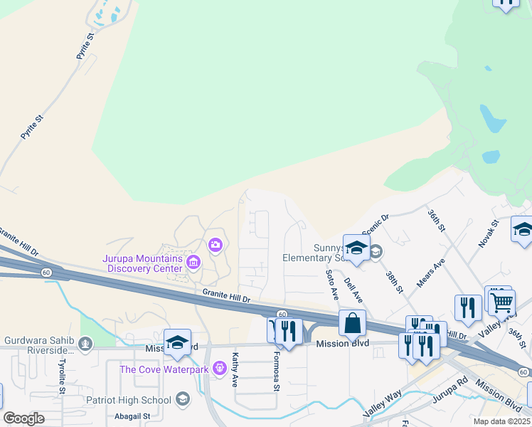 map of restaurants, bars, coffee shops, grocery stores, and more near 3899 Boulder Drive in Jurupa Valley