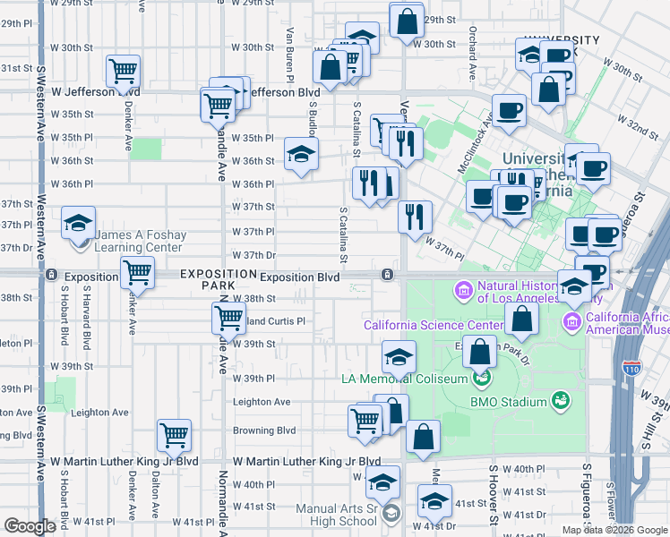 map of restaurants, bars, coffee shops, grocery stores, and more near 1109 West Exposition Boulevard in Los Angeles